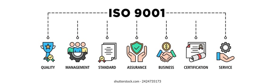 ISO 9001 banner web icon vector illustration concept with icon of quality, management, standard, assurance, business, certification and service