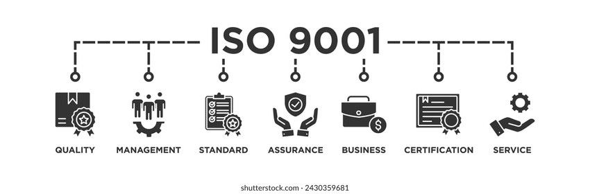 ISO 9001 banner web icon illustration concept with icon of quality, management, standard, assurance, business, certification and service
