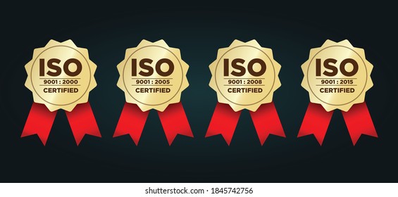 ISO 9001 certified badge with red ribbon, quality management system vector illustration set