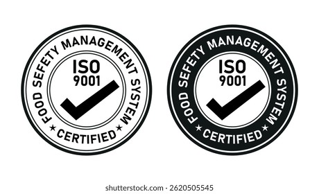 iso 9001 certified food safety management system symbol in black and white circle badge design	