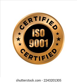 ISO 9001 Certified Gold Emblem, ISO 9001 Certified label stamp vector