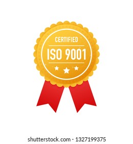 ISO 9001 certified golden label on white background. Vector stock illustration.