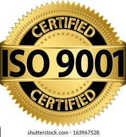 ISO 9001 certified golden label, vector illustration 