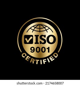 ISO 9001 Certified golden sign. Conformity to standards badge for products - flat pictogram with international quality management system guarantee emblem - isolated vector