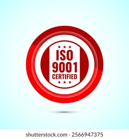 ISO 9001 certified icon design illustration, Standard quality label sign, symbol, Red Color Button Design