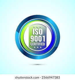 ISO 9001 certified icon design illustration, Standard quality label sign, symbol, Glossy Round Button Design