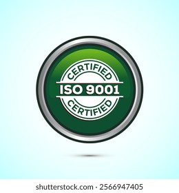 ISO 9001 certified icon design illustration, Standard quality label sign, symbol, Green Color Round Button Design