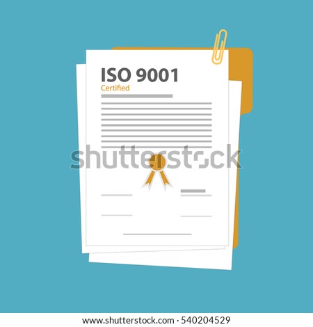 ISO 9001 certified quality management system document paper, vector illustration