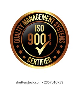 ISO 9001 Certified Rubber Stamp, Badge, Label, Logo, QMS Standard Vector, International Quality Management Systems Approved Emblem With Check Mark, Business Design Elements Vector Illustration 