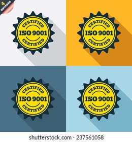 ISO 9001 certified sign icon. Certification star stamp. Four squares. Colored Flat design buttons. Vector