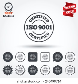 ISO 9001 certified sign icon. Certification stamp. Circle, star, speech bubble and square buttons. Award medal with check mark. Thank you ribbon. Vector
