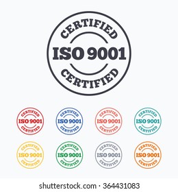 ISO 9001 certified sign icon. Certification stamp. Colored flat icons on white background.