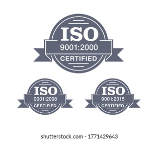 ISO 9001 certified stamp in 3 versions - year 2000, 2008 and 2015 - quality management system international standard emblem - isolated vector sign