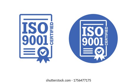 ISO 9001 certified stamp - international quality management system circular sign - isolated vector emblem in 2 variations