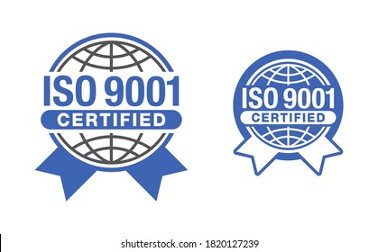 ISO 9001 certified stamp - international quality management system circular sign - isolated vector emblem with globe and ribbon