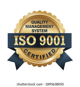 ISO 9001 conformity to standards icon - golden medal award with international quality management system guarantee emblem - isolated vector