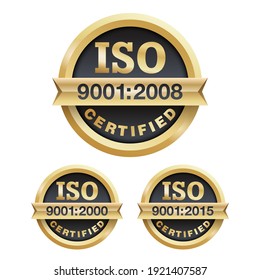 ISO 9001 conformity to standards icon 2000, 2008 and 2015 years of standardization - golden medal award with international quality management system guarantee emblem - isolated vector