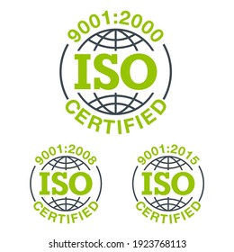 ISO 9001 conformidad con el icono de normas 2000, 2008 y 2015 años de estandarización - pictograma plano con sistema de gestión de calidad internacional emblema de garantía - vector aislado