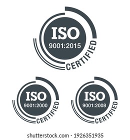 ISO 9001 conformity to standards icon 2000, 2008 and 2015 years of standardization - flat black pictogram with international quality management system guarantee emblem - isolated vector