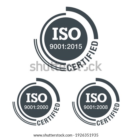 ISO 9001 conformity to standards icon 2000, 2008 and 2015 years of standardization - flat black pictogram with international quality management system guarantee emblem - isolated vector