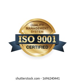 ISO 9001 conformity to standards stamp - golden medal award with international quality management system guarantee emblem - isolated vector icon