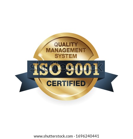 ISO 9001 conformity to standards stamp - golden medal award with international quality management system guarantee emblem - isolated vector icon