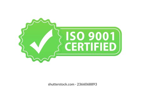 ISO 9001 Umweltmanagementsystem zertifiziertes Zeichen - international anerkannter Stempel - grünes isoliertes Symbol. Rundsiegel aus Gummi. Zertifizierungsstempel. Vektorgrafik