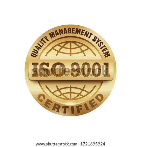 ISO 9001 gold stamp - certification and conformity to international standards  - golden medal award with international quality management system guarantee emblem - isolated vector icon