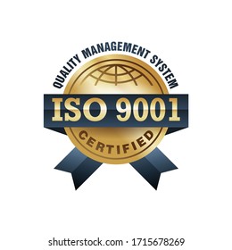 ISO 9001 gold stamp - conformity to international standards  - golden medal award with international quality management system guarantee emblem - isolated vector icon
