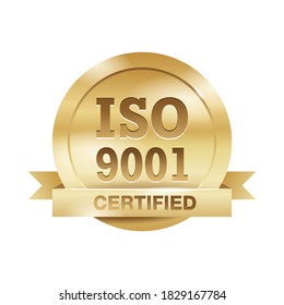 ISO 9001 golden emblem - certification and conformity to international standards  - golden medal award with international quality management system guarantee sticker - isolated vector icon