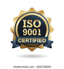ISO 9001 golden emblem - certification and conformity to international standards  - golden seal with international quality management system guarantee sticker - isolated vector icon