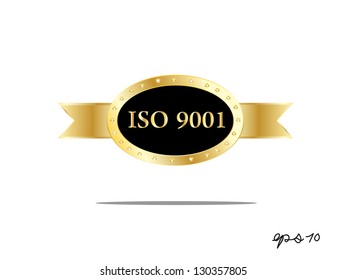 Iso 9001 golden label, vector illustration