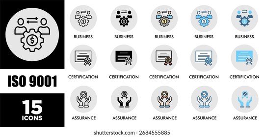 Conjunto de ícones ISO 9001 com vários estilos e cores de desempenho de sustentabilidade corporativa para triagem de investimentos