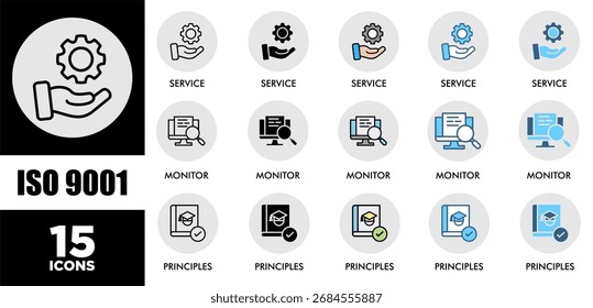 ISO 9001 icon set with various styles and colors  of corporate sustainability performance for investment screening