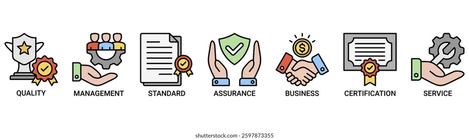 ISO 9001 icon set. Vector illustration concept with icon of quality, management, standard, assurance, business, certification, and service icons.