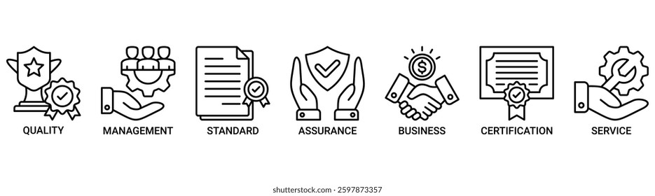 ISO 9001 icon set. Vector illustration concept with icon of quality, management, standard, assurance, business, certification, and service icons. Outline vector symbol background.