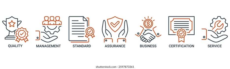 ISO 9001 icon set. Vector illustration concept with icon of quality, management, standard, assurance, business, certification, and service icons. Outline vector symbol background.