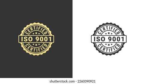 iso 9001 label or iso 9001 stamp vector on white and black background. The International Organization for Standardization. iso 9001 label or seal for ISO certified and high quality products.