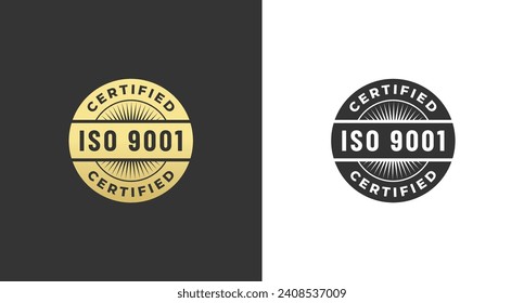 ISO 9001 label or ISO 9001 stamp vector on white and black background. The International Organization for Standardization. ISO 9001 label or seal for ISO certified and high quality products.