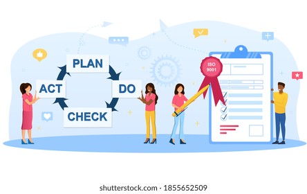 ISO 9001 quality management system. Standard, international certification concept. Process diagram with businessman and businesswomen. Cartoon flat vector illustration with fictional characters