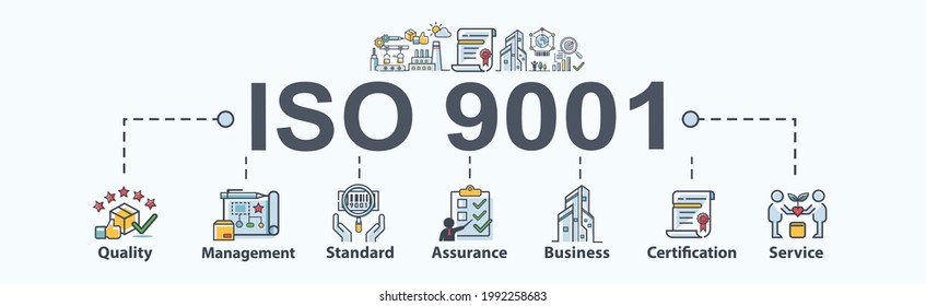 ISO 9001 quality management system banner web icon for business and organization, standard, management, quality, assurance, certificate and service. Minimal vector cartoon infographic.