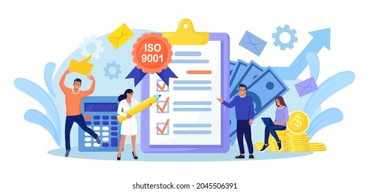 ISO 9001 quality management system and international certification. Tiny business people passed standard quality control. Document standardization industry. Vector illustration