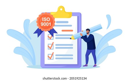 ISO 9001 quality management system, international certification. Businessman confirm, certify quality product in accordance with ISO 9001, standard quality control. Document standardization industry