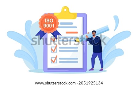 ISO 9001 quality management system, international certification. Businessman confirm, certify quality product in accordance with ISO 9001, standard quality control. Document standardization industry