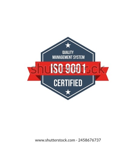 iso 9001 quality management system certified vector label, standard certificate badge, audit verification icon