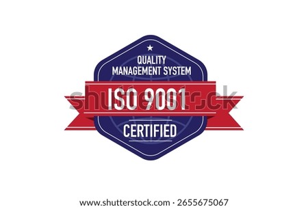 Iso 9001 quality management system certified vector label illustration. Standard quality symbol