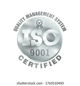 ISO 9001 silver 3D sign - certification and conformity to international standards  - golden medal award with international quality management system guarantee emblem - isolated vector icon