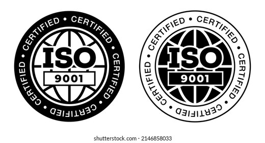 ISO 9001 stamp sign - quality management systems. QMS standard. Flat black pictogram with international quality management system guarantee emblem.