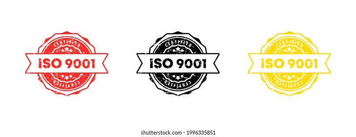 ISO 9001 stamp. Vector. ISO 9001 badge icon. Certified badge logo. Stamp Template. Label, Sticker, Icons. Vector EPS 10. Isolated on white background.