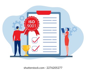 ISO 9001 system and international certification concept Team Business analysis with  passed standard quality control vector illustrator